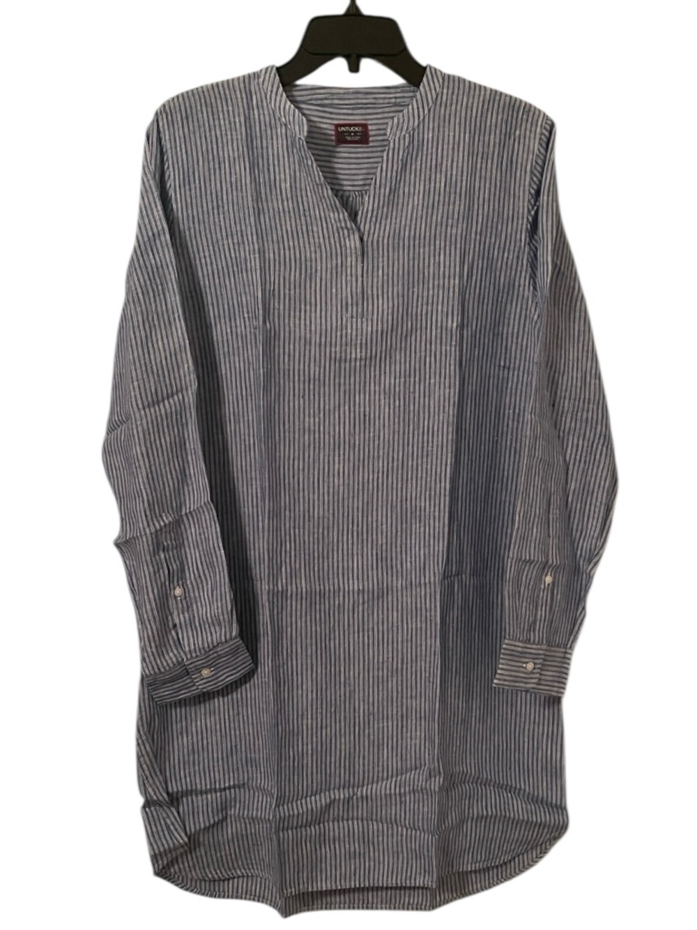 Untuckit Women's Blue White Striped Relaxed Linen Constantia Tunic Shirt Size 14